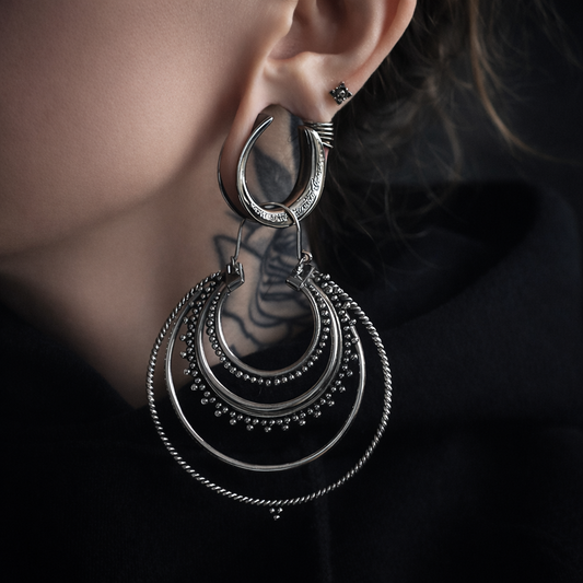Large Tribal Hoop Earrings • Silver