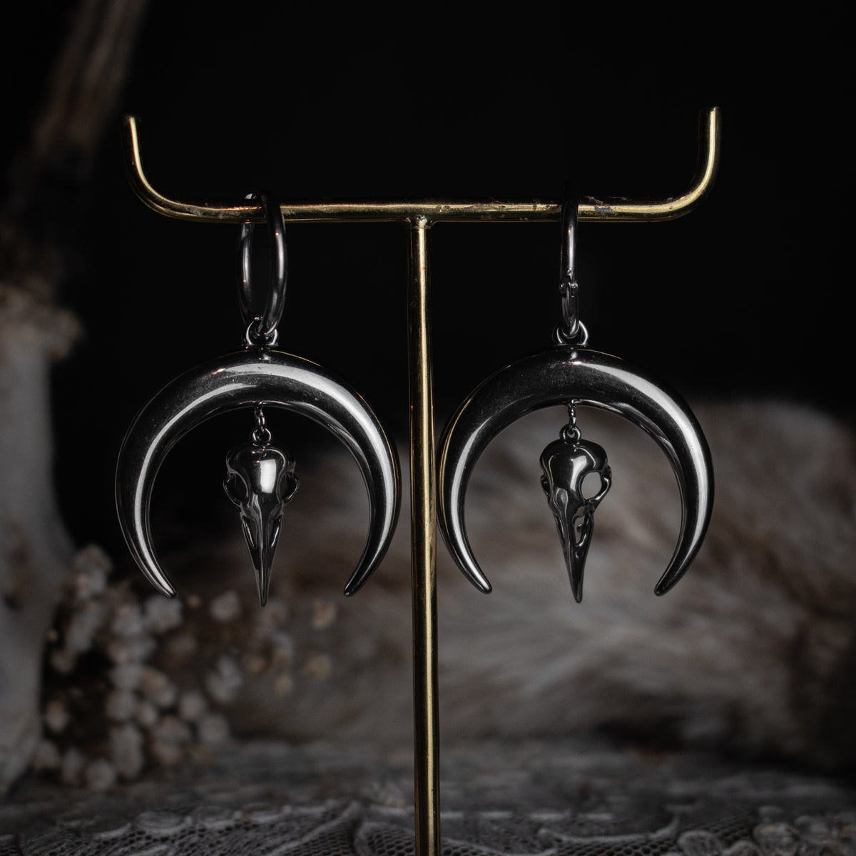 Silver Moon Raven Earrings