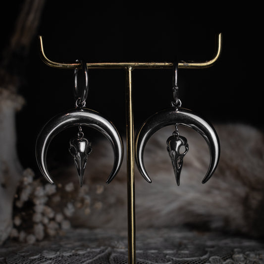 Silver Moon Raven Earrings