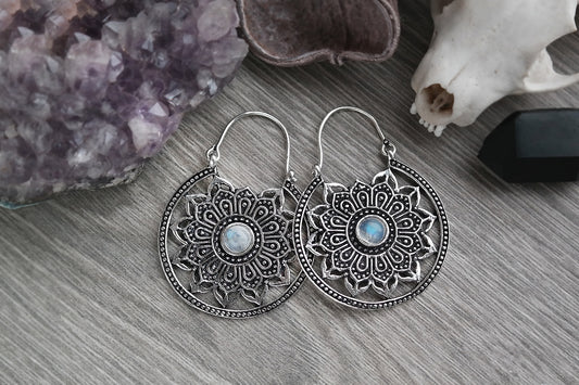 Silver Moonstone Mandala Hoops #BE22 - Fux Jewellery