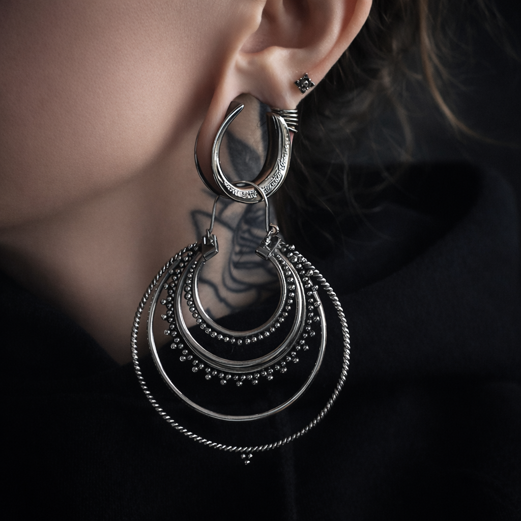 Large Tribal Hoop Earrings • Silver