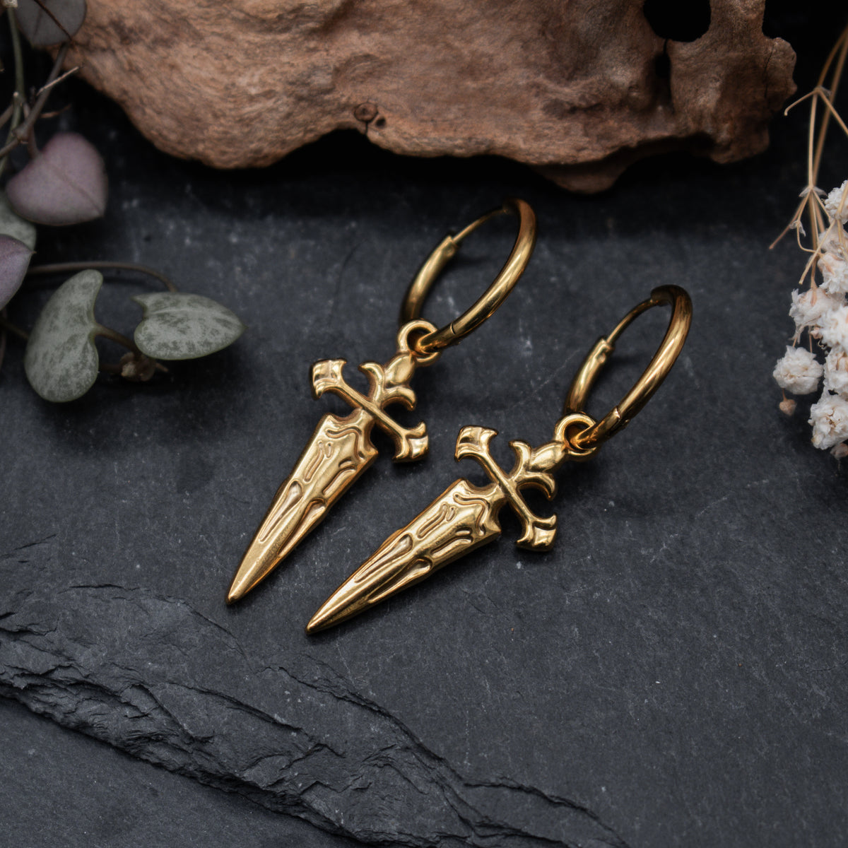 Golden Royal Sword Huggie Earrings