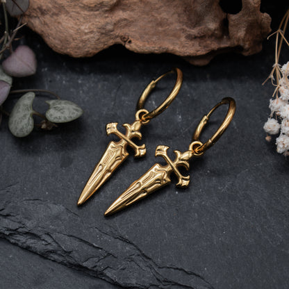 Golden Royal Sword Huggie Earrings