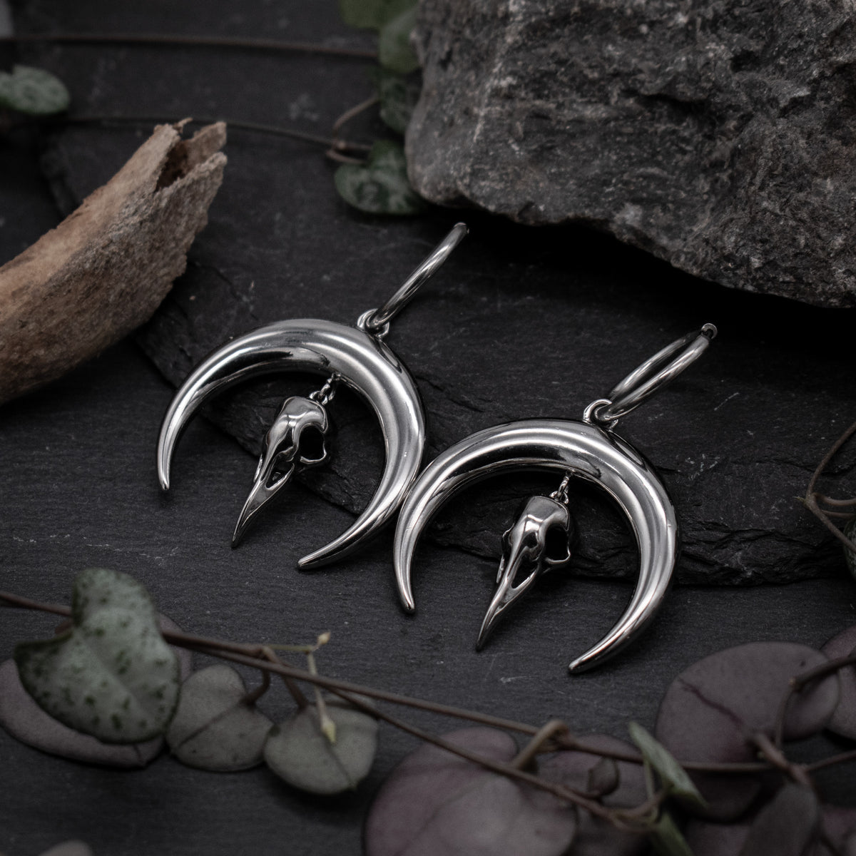 Silver Moon Raven Earrings