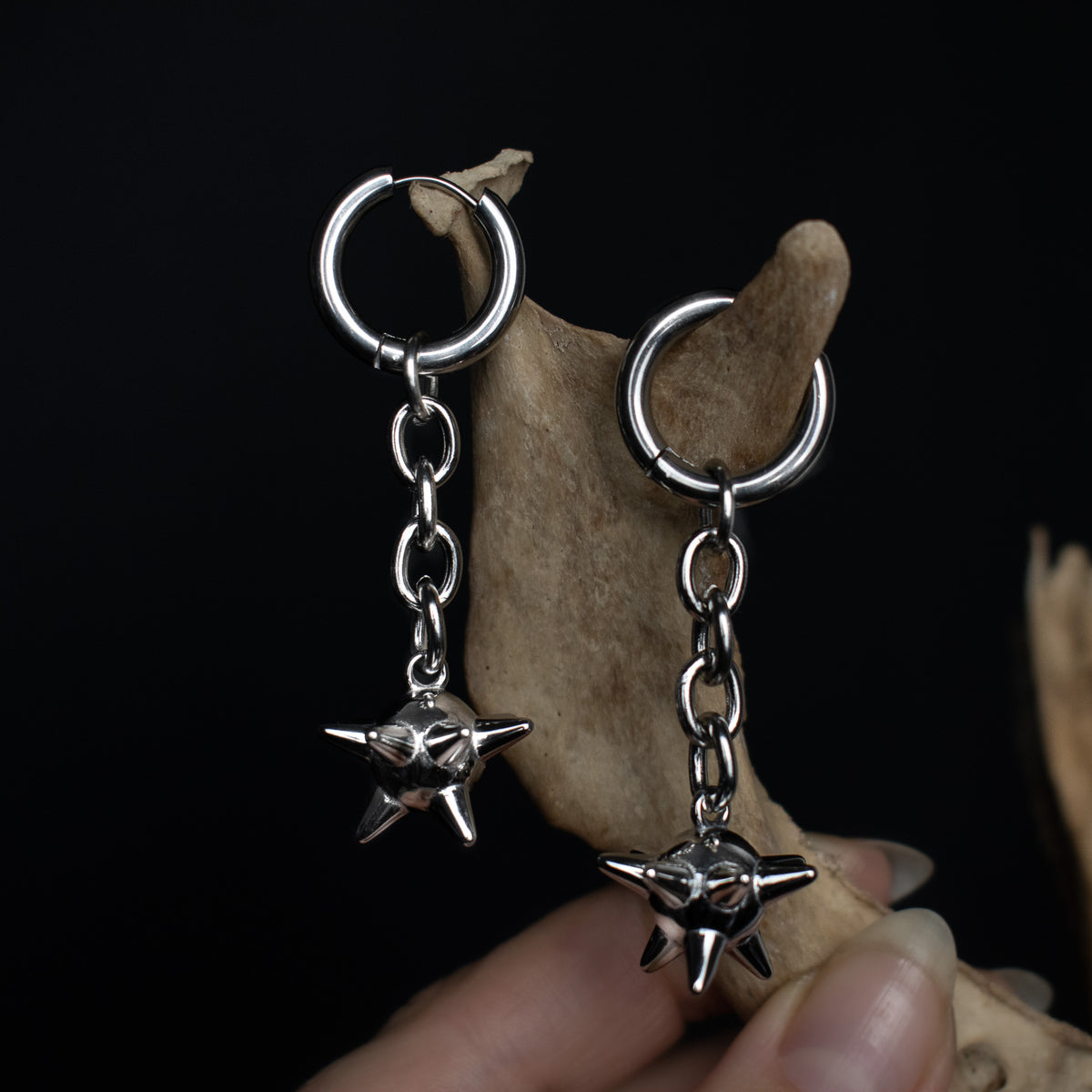 Medieval Single Ball Flail Earrings • Silver