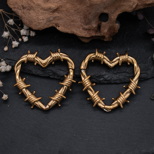 Golden Barbed Wire Heart Ear Weights