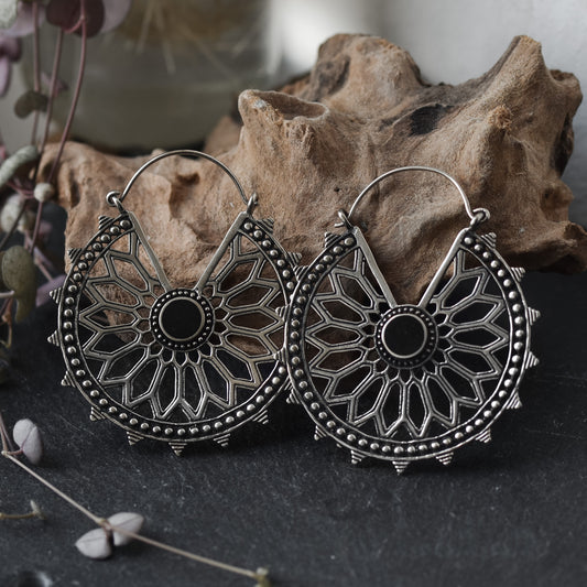Black Shell Mandala Hoops - Silver