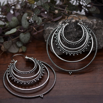 Large Tribal Hoop Earrings • Silver