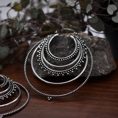 Large Tribal Hoop Earrings • Silver