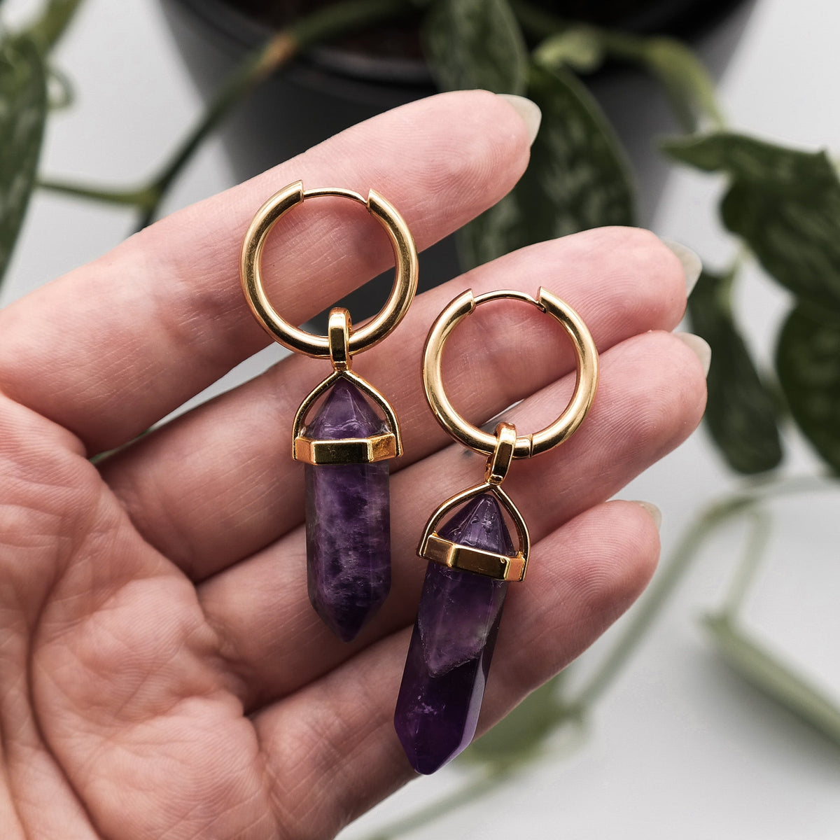 Golden Natural Gemstone Huggie Hoop Earrings