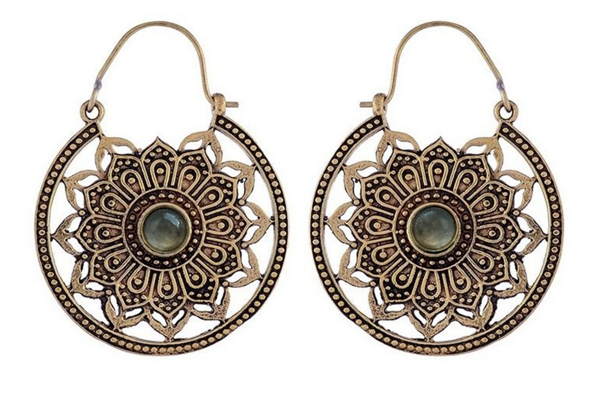 Mandala Labradorite Brass Hoops #BE19 - Fux Jewellery