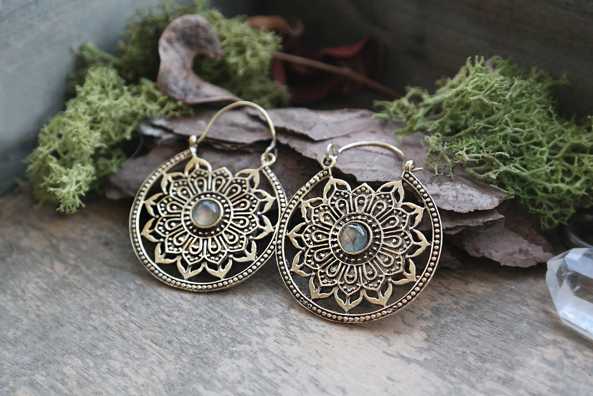 Mandala Labradorite Brass Hoops #BE19 - Fux Jewellery