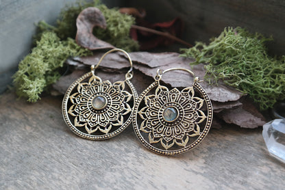 Mandala Labradorite Brass Hoops #BE19 - Fux Jewellery