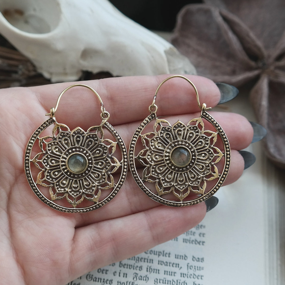 Mandala Labradorite Brass Hoops #BE19 - Fux Jewellery