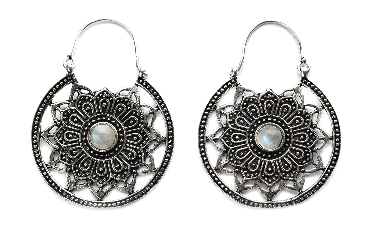 Silver Moonstone Mandala Hoops #BE22 - Fux Jewellery