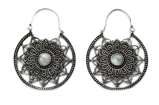 Silver Moonstone Mandala Hoops #BE22 - Fux Jewellery
