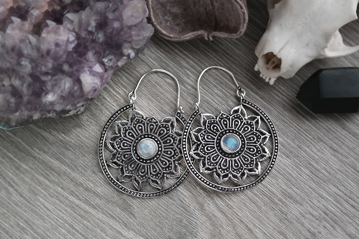 Silver Moonstone Mandala Hoops #BE22 - Fux Jewellery