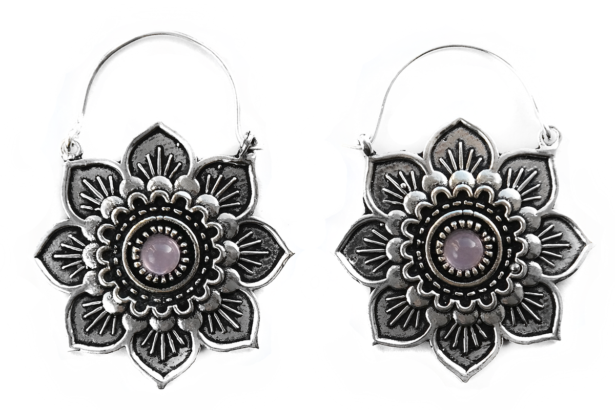 Silver Rose Quartz Lotus Hoops #BE30 - Fux Jewellery