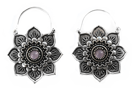 Silver Rose Quartz Lotus Hoops #BE30 - Fux Jewellery