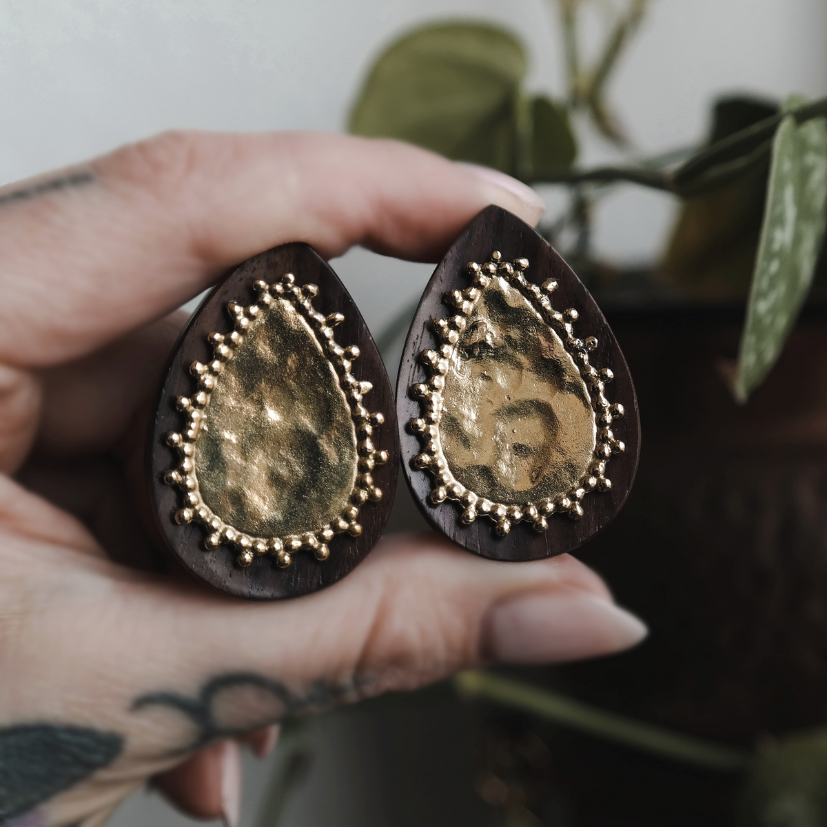 Golden Tribal Wood Teardrop Plugs